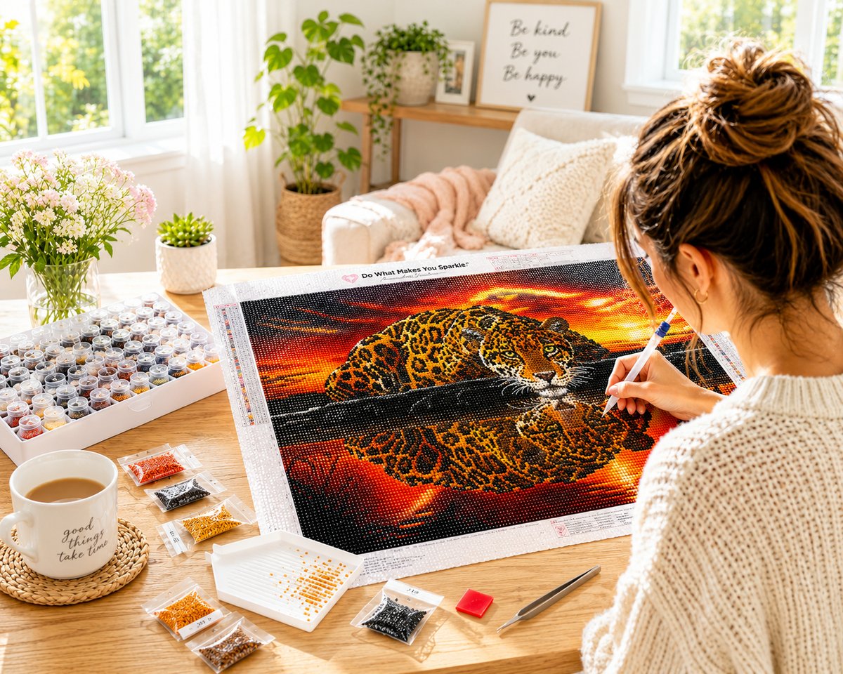 Working on the jaguar kit at a cozy craft desk with drills, applicator pen, a candle, and tea | Azurra Shop