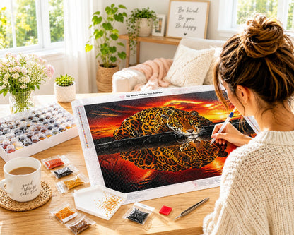 Working on the jaguar kit at a cozy craft desk with drills, applicator pen, a candle, and tea | Azurra Shop