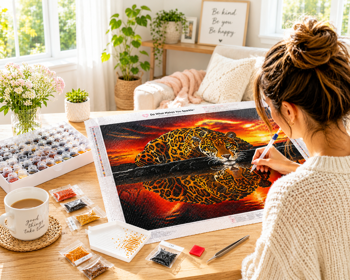 Jaguar Crouched at Fiery Sunset Diamond Painting Kit