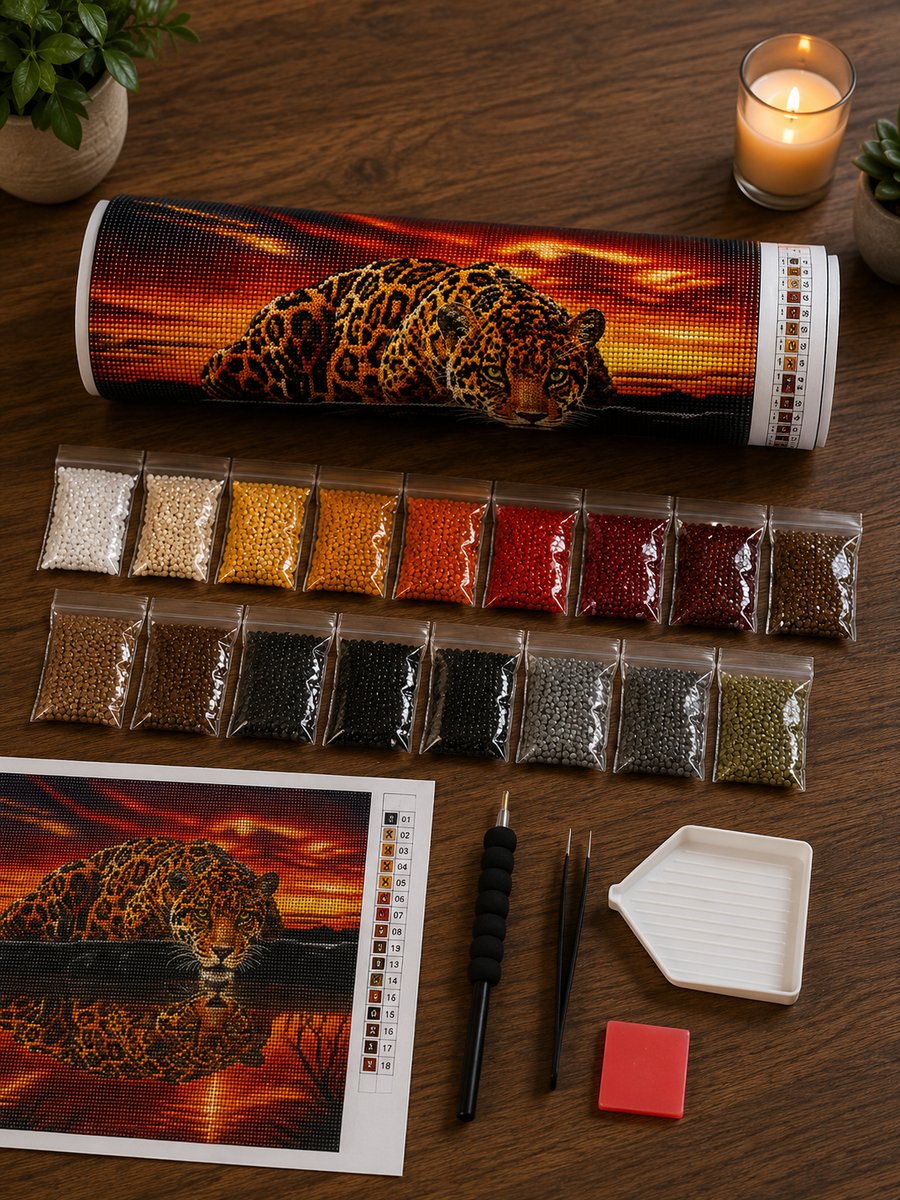Rolled canvas and supplies for the jaguar kit, including drill packets, applicator pen, tray, and wax pad | Azurra Shop