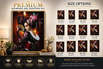 Framed Japanese geisha diamond painting displayed on a console table with a lamp and flowers | Azurra Shop