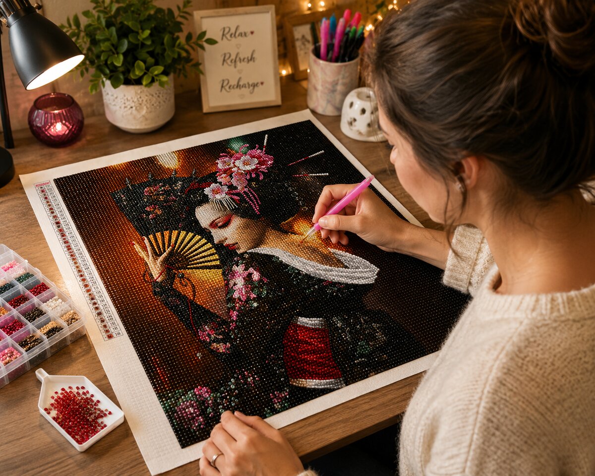 Working on the Japanese geisha kit at a desk with string lights, a candle, and diamond trays nearby | Azurra Shop