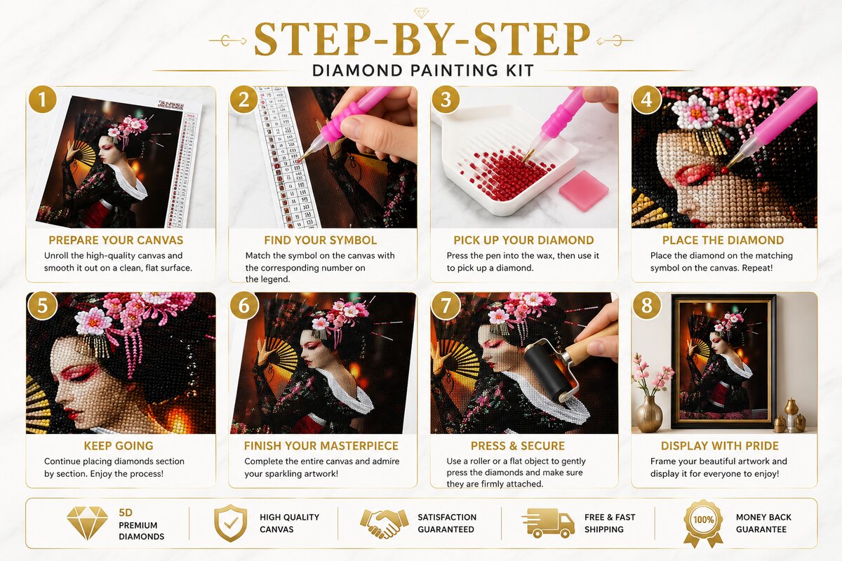 Eight step guide showing how to complete the Japanese geisha diamond painting | Azurra Shop