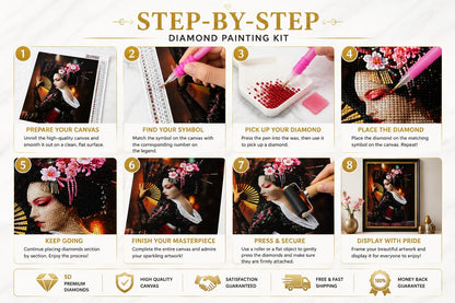Eight step guide showing how to complete the Japanese geisha diamond painting | Azurra Shop