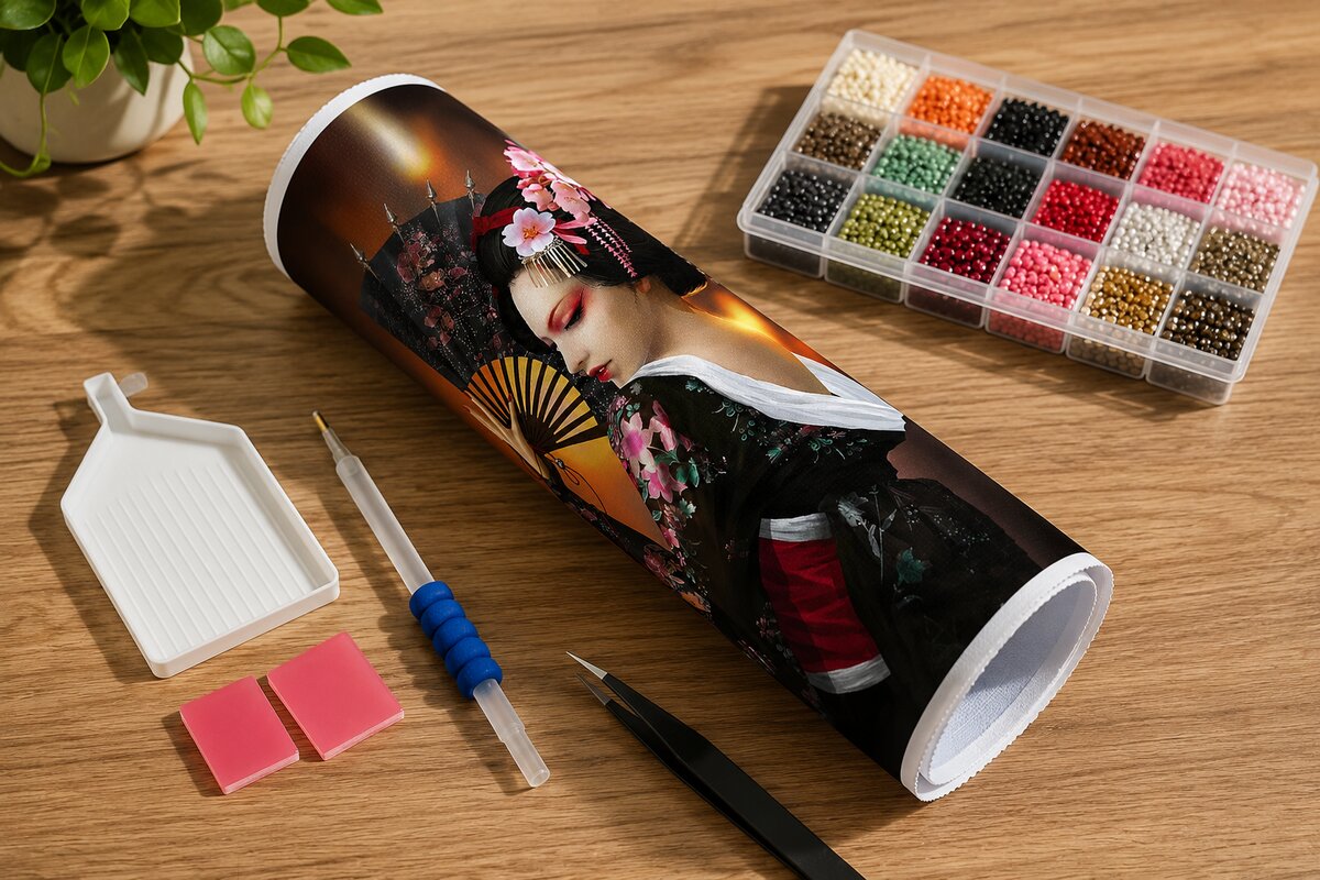 Rolled canvas and full supplies for the Japanese geisha kit, including diamond trays, applicator pen, and tweezers | Azurra Shop