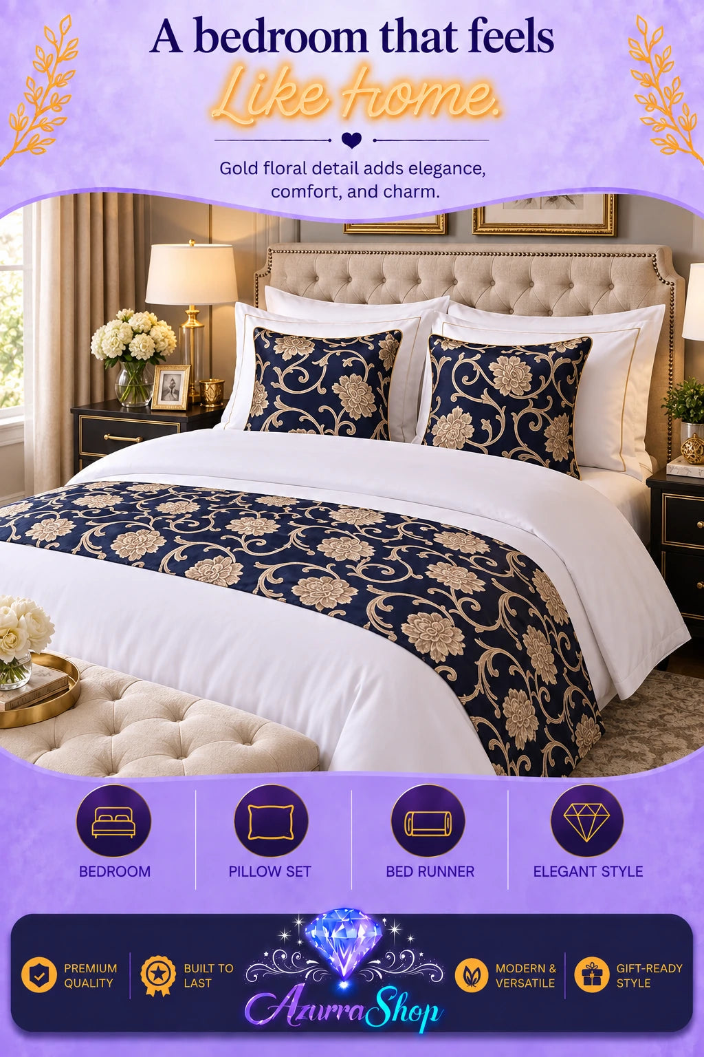 Navy blue bed runner and pillow shams with gold floral pattern on a white bed in a bedroom setting, with promotional text and the Azurra Shop logo overlay.