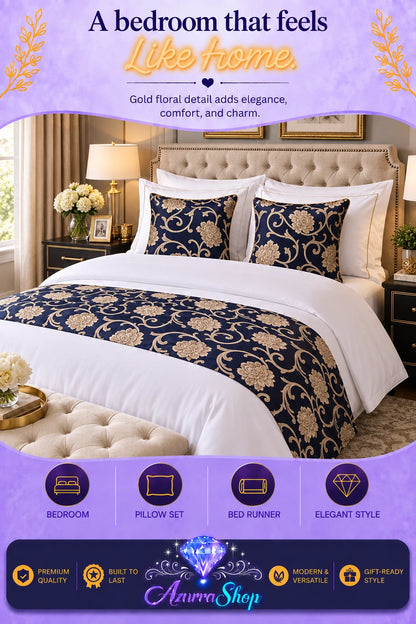 Navy blue bed runner and pillow shams with gold floral pattern on a white bed in a bedroom setting, with promotional text and the Azurra Shop logo overlay.