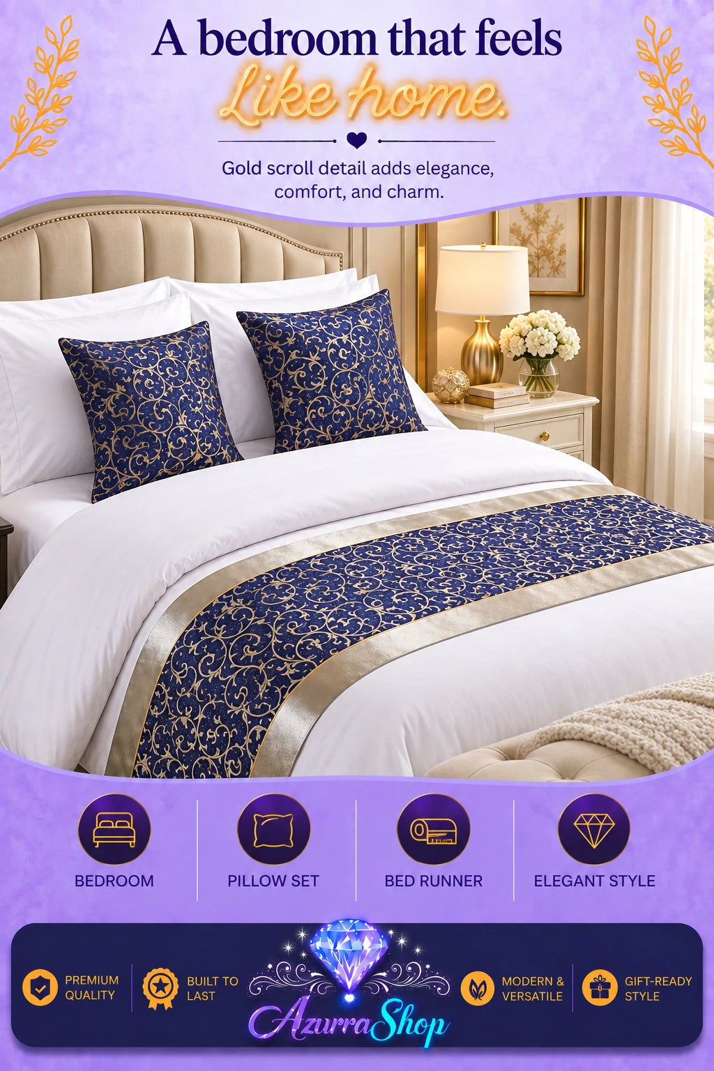 Navy blue and gold floral patterned bed runner with matching pillow shams on a white bed in a bedroom setting, with promotional text and the Azurra Shop logo overlay.