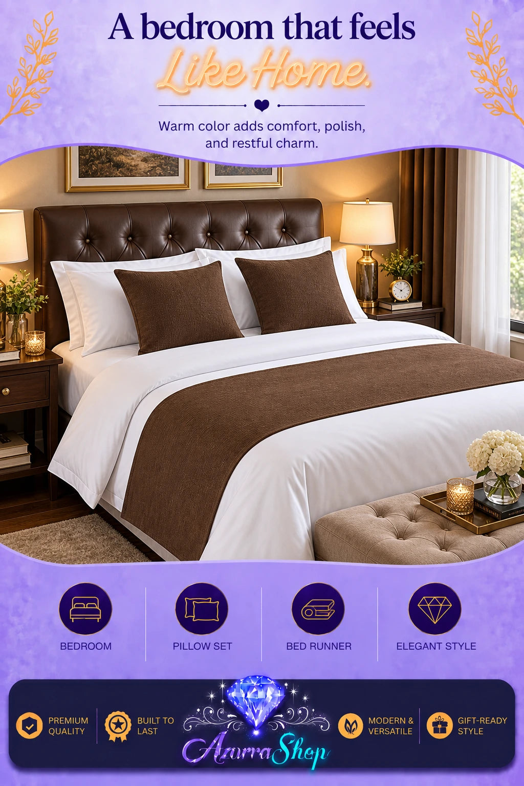 Solid brown bed runner with two matching brown pillows on white bedding in a bedroom setting, with promotional text and the Azurra Shop logo overlay.