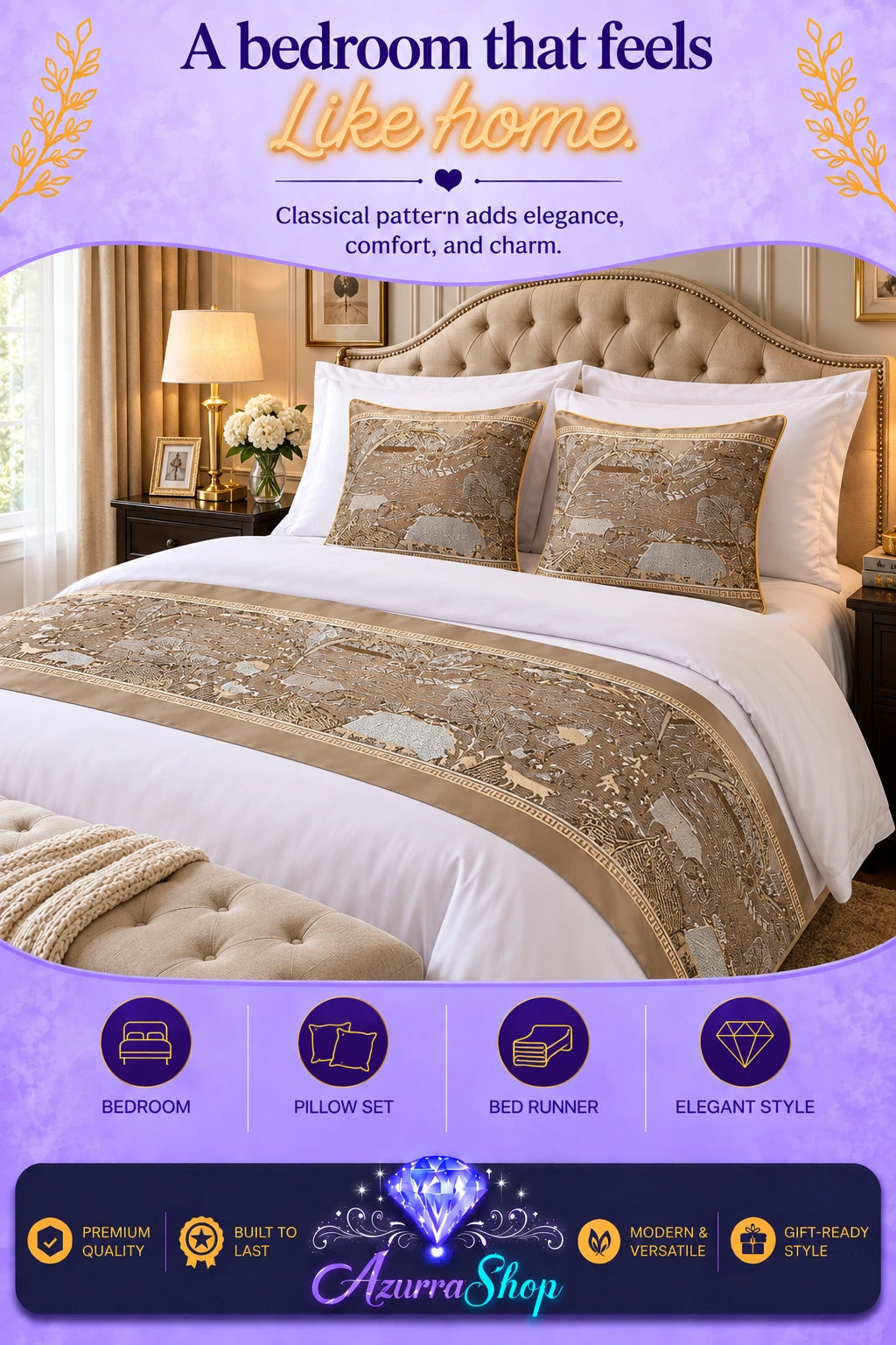 Beige and gold classical patterned bed runner with matching pillow shams on a white bed in a bedroom setting, with promotional text and the Azurra Shop logo overlay.