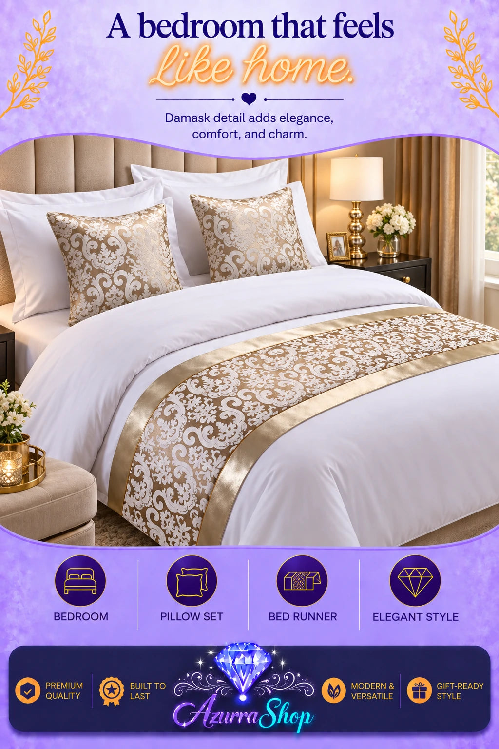 Beige and gold damask patterned bed runner with matching pillow shams on a white bed in a bedroom setting, with promotional text and the Azurra Shop logo overlay.