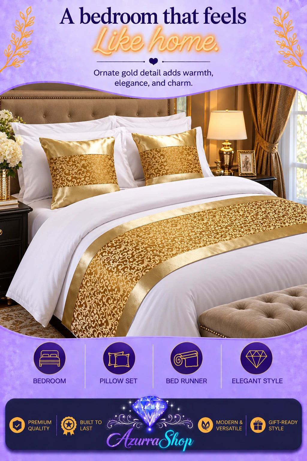 Gold patterned bed runner with matching gold pillow shams on a white bed in a bedroom setting, with promotional text and the Azurra Shop logo overlay.