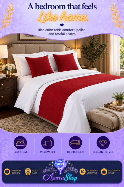 Red bed runner with two matching red pillow shams displayed on white bedding in a bedroom setting, with promotional text and the Azurra Shop logo overlay.