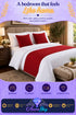 Red bed runner with two matching red pillow shams displayed on white bedding in a bedroom setting, with promotional text and the Azurra Shop logo overlay.