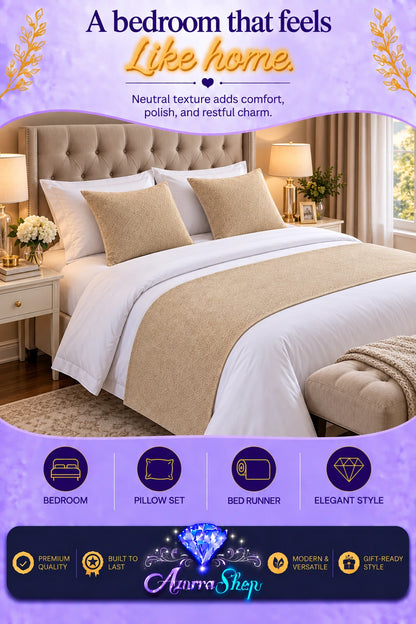 Solid tan bed runner with two matching tan pillows on white bedding in a bedroom setting, with promotional text and the Azurra Shop logo overlay.