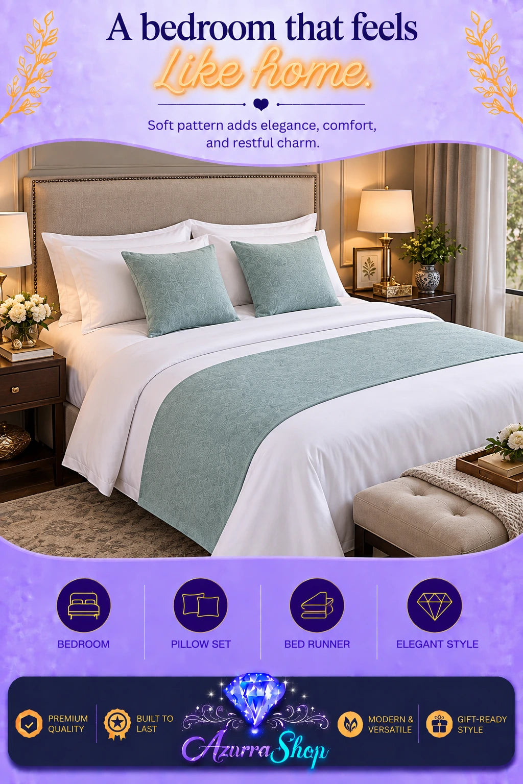 Solid teal bed runner with two matching teal pillows on white bedding in a bedroom setting, with promotional text and the Azurra Shop logo overlay.