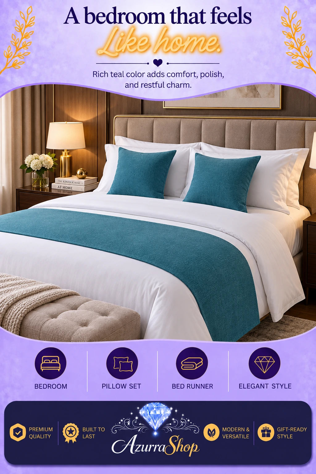 Solid teal bed runner with two matching teal pillows on white bedding in a bedroom setting, with promotional text and the Azurra Shop logo overlay.
