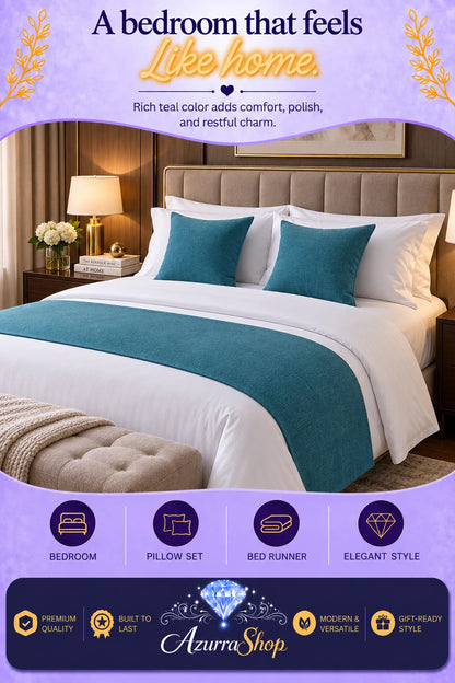 Solid teal bed runner with two matching teal pillows on white bedding in a bedroom setting, with promotional text and the Azurra Shop logo overlay.