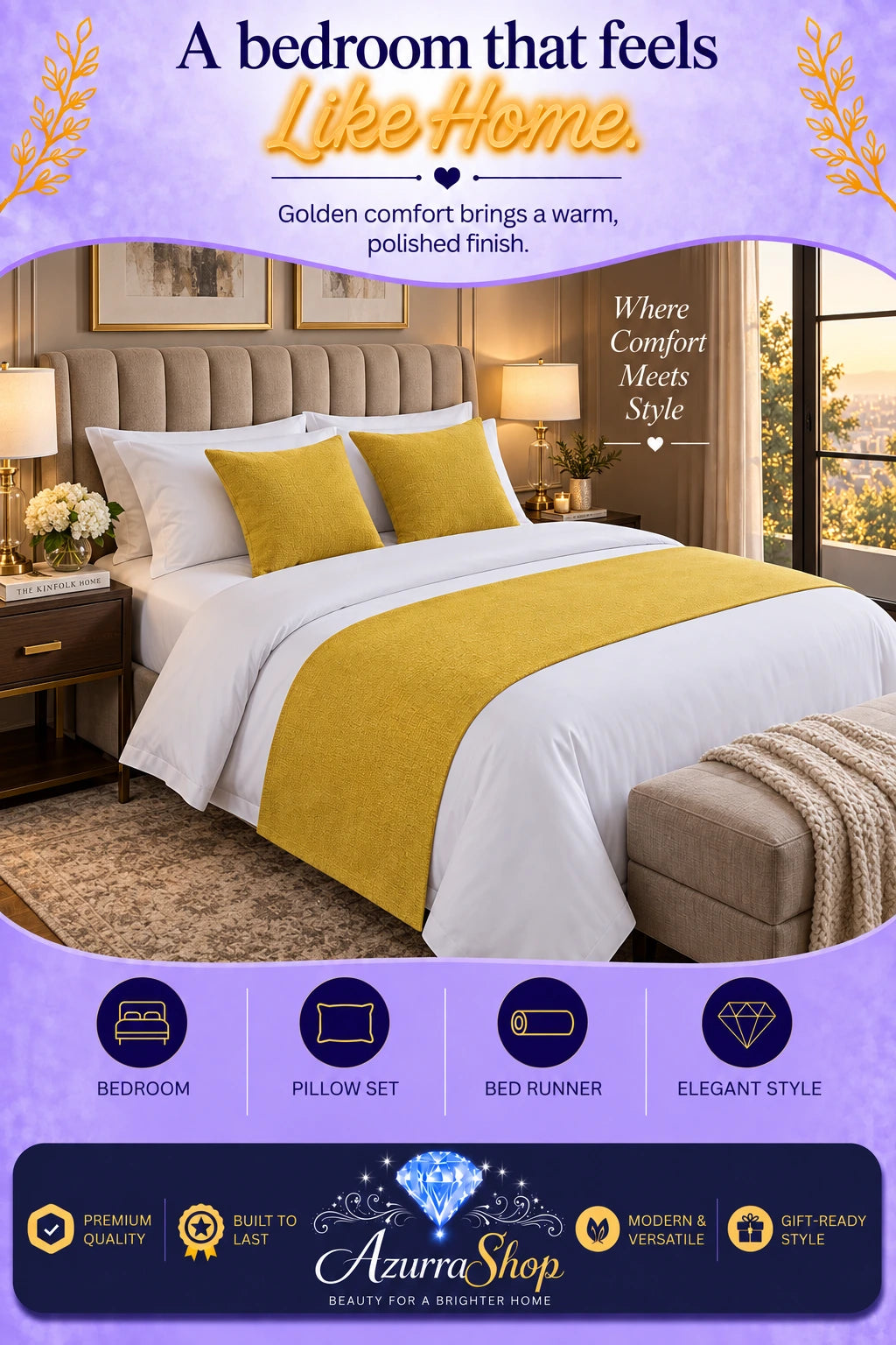 Solid yellow bed runner with two matching yellow pillows on white bedding in a bedroom setting, with promotional text and the Azurra Shop logo overlay.