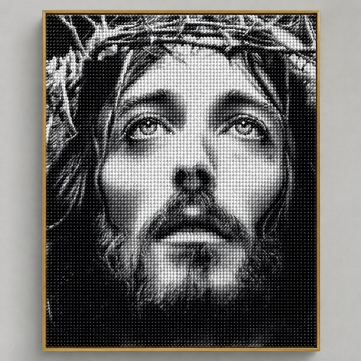 Close up of the finished Jesus Christ diamond painting in black and white, wearing the Crown of Thorns