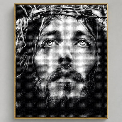 Close up of the finished Jesus Christ diamond painting in black and white, wearing the Crown of Thorns