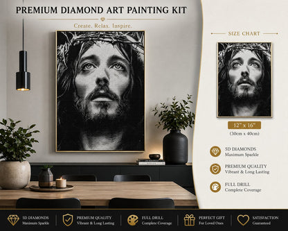 Jesus Christ with Crown of Thorns diamond painting framed on a wall in a gold frame