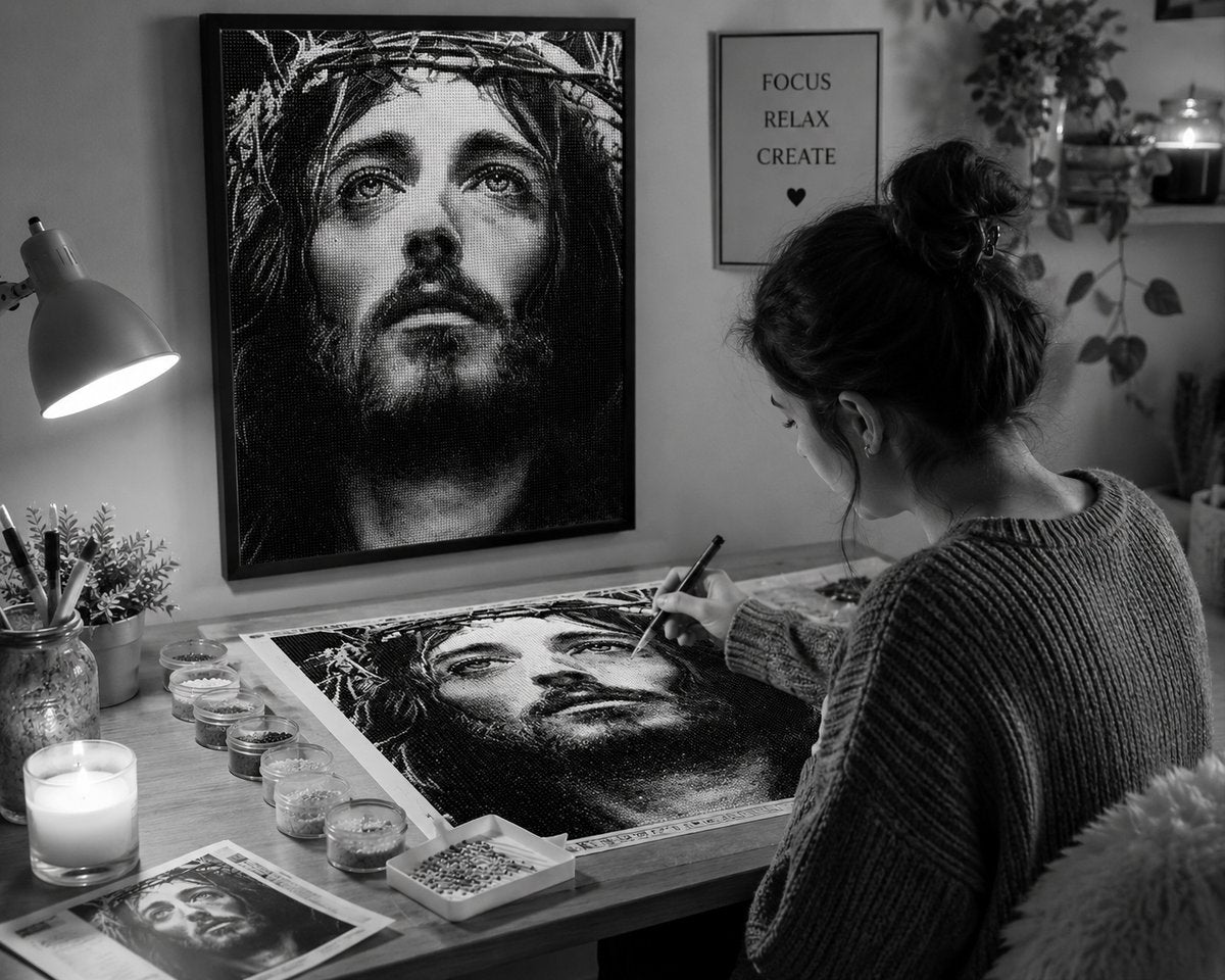 Working on the Jesus Christ kit at a cozy desk with warm lighting