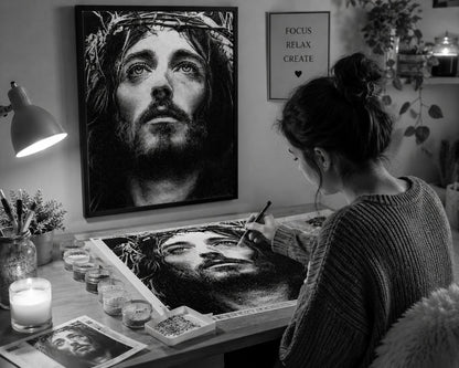 Working on the Jesus Christ kit at a cozy desk with warm lighting