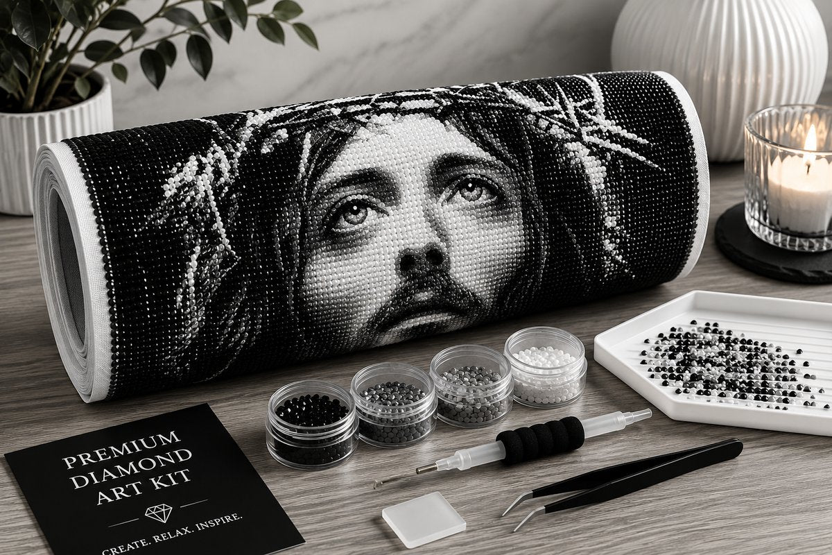 Rolled canvas and full supplies for the Jesus Christ kit, including drill trays, applicator pen, and tweezers