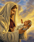 Close up of the finished diamond painting of Jesus holding a newborn baby, in warm golden light