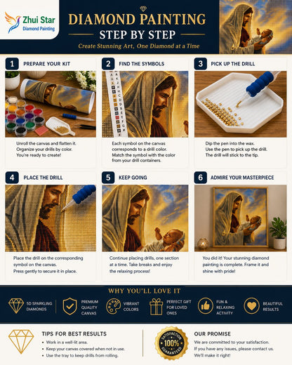 Step by step guide showing how to complete the diamond painting of Jesus holding a newborn baby
