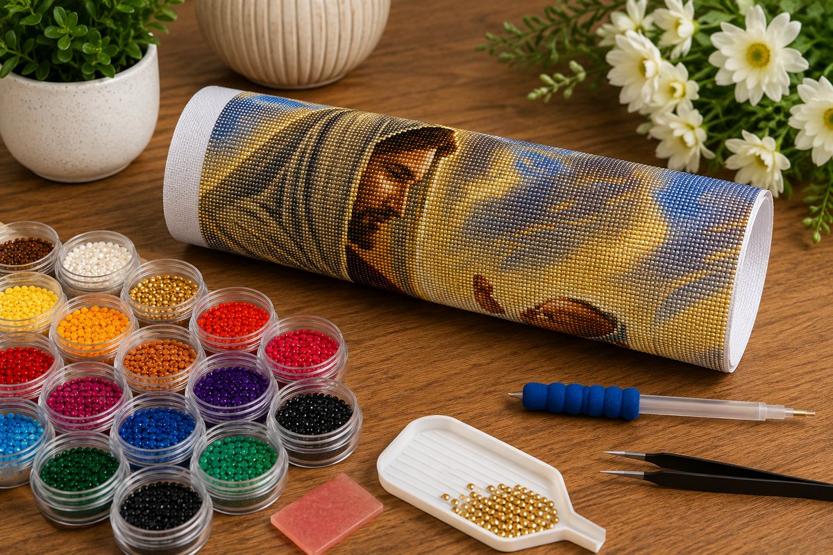 Rolled canvas and full supplies for the kit, including drill trays, applicator pen, and tweezers