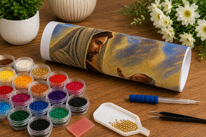 Rolled canvas and full supplies for the kit, including drill trays, applicator pen, and tweezers