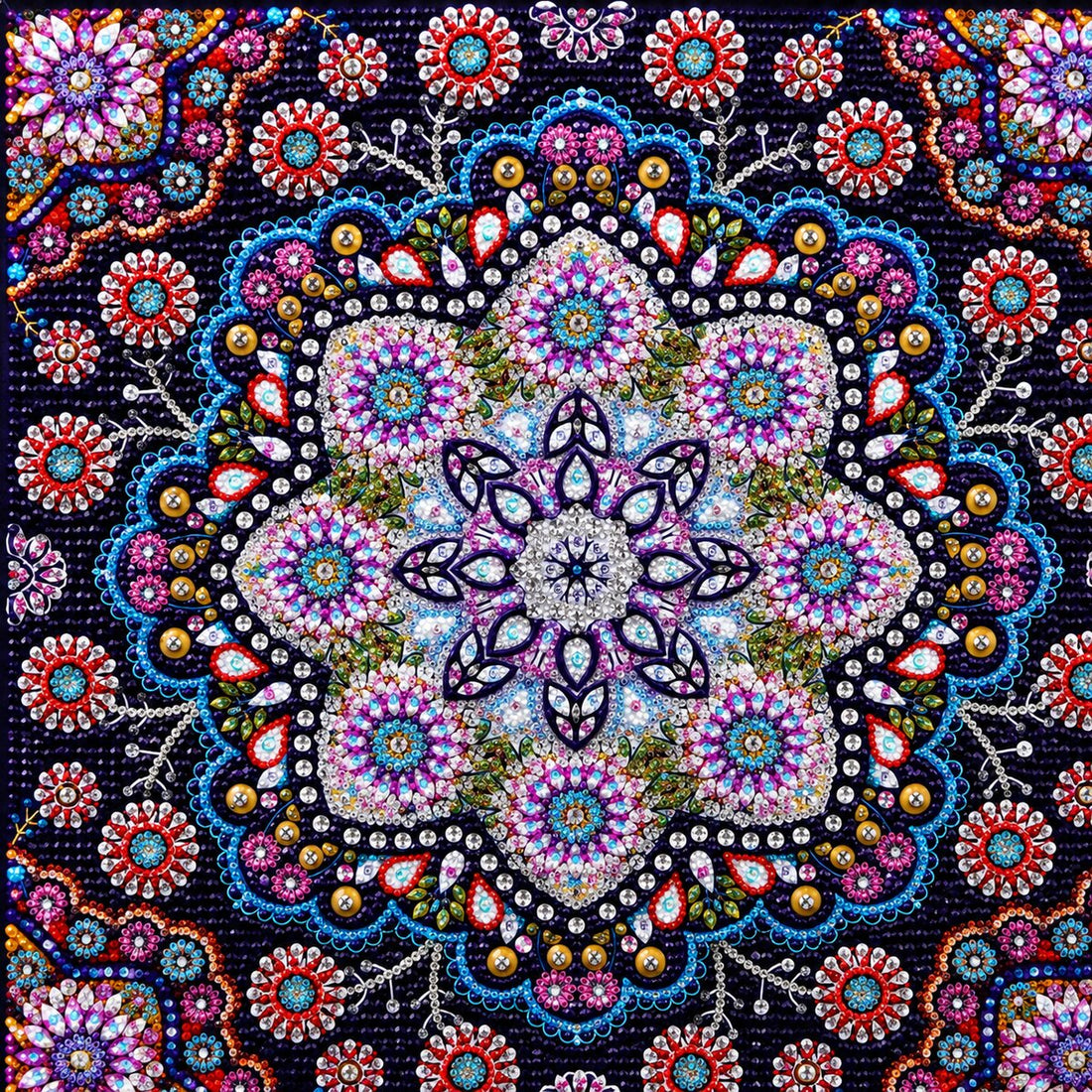 Finished jeweled flower mandala diamond painting with pink flower clusters, blue bead borders, and crystal rhinestones on navy | Azurra Shop