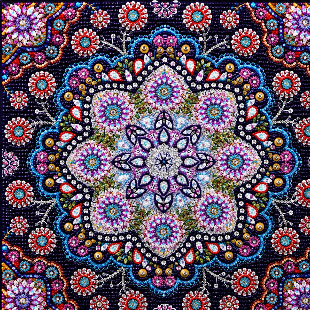 Finished jeweled flower mandala diamond painting with pink flower clusters, blue bead borders, and crystal rhinestones on navy | Azurra Shop