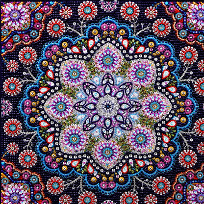 Finished jeweled flower mandala diamond painting with pink flower clusters, blue bead borders, and crystal rhinestones on navy | Azurra Shop