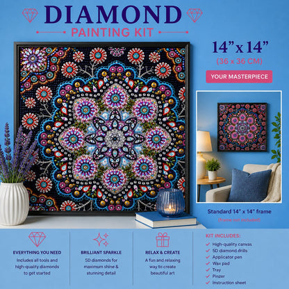 Jeweled flower mandala diamond painting framed on a wall, available in a 14 by 14 inch size | Azurra Shop