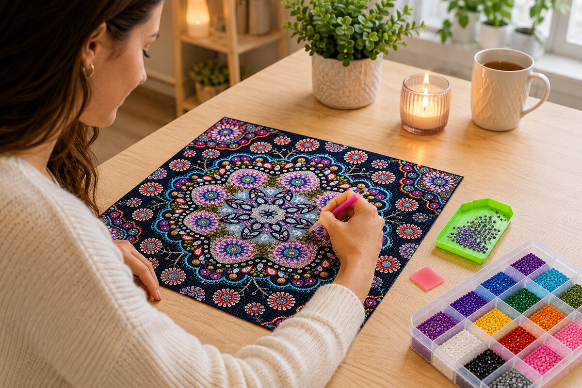 Woman placing diamonds on the jeweled flower mandala canvas at a desk with tea and a candle | Azurra Shop