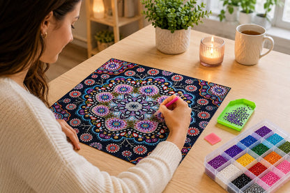 Woman placing diamonds on the jeweled flower mandala canvas at a desk with tea and a candle | Azurra Shop