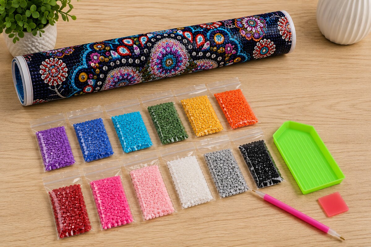 Diamond painting kit supplies including rolled canvas, 12 numbered diamond bags, applicator pen, and tray | Azurra Shop