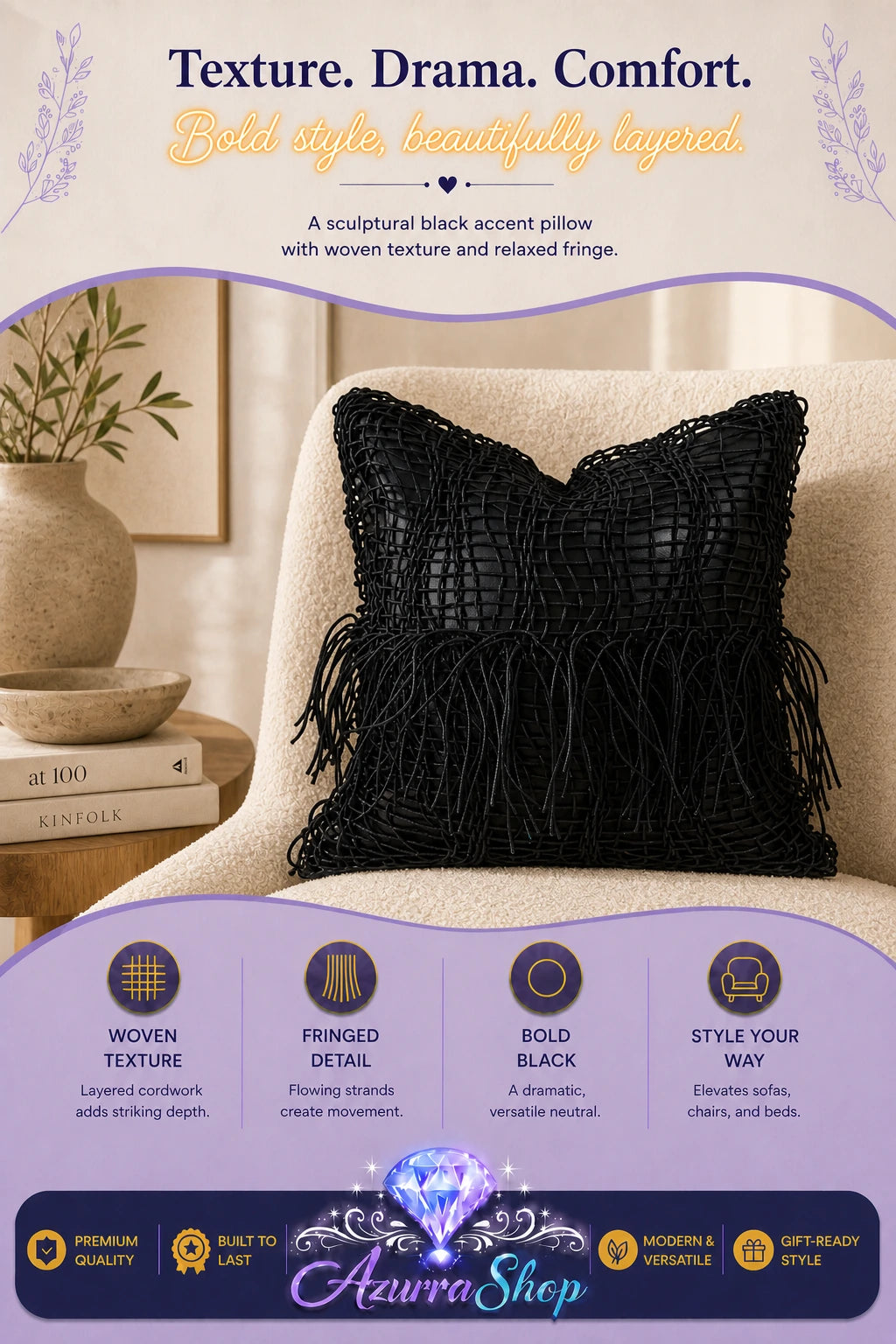 Black textured throw pillow with fringe trim on a beige armchair in a styled living room