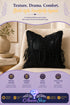 Black textured throw pillow with fringe trim on a beige armchair in a styled living room