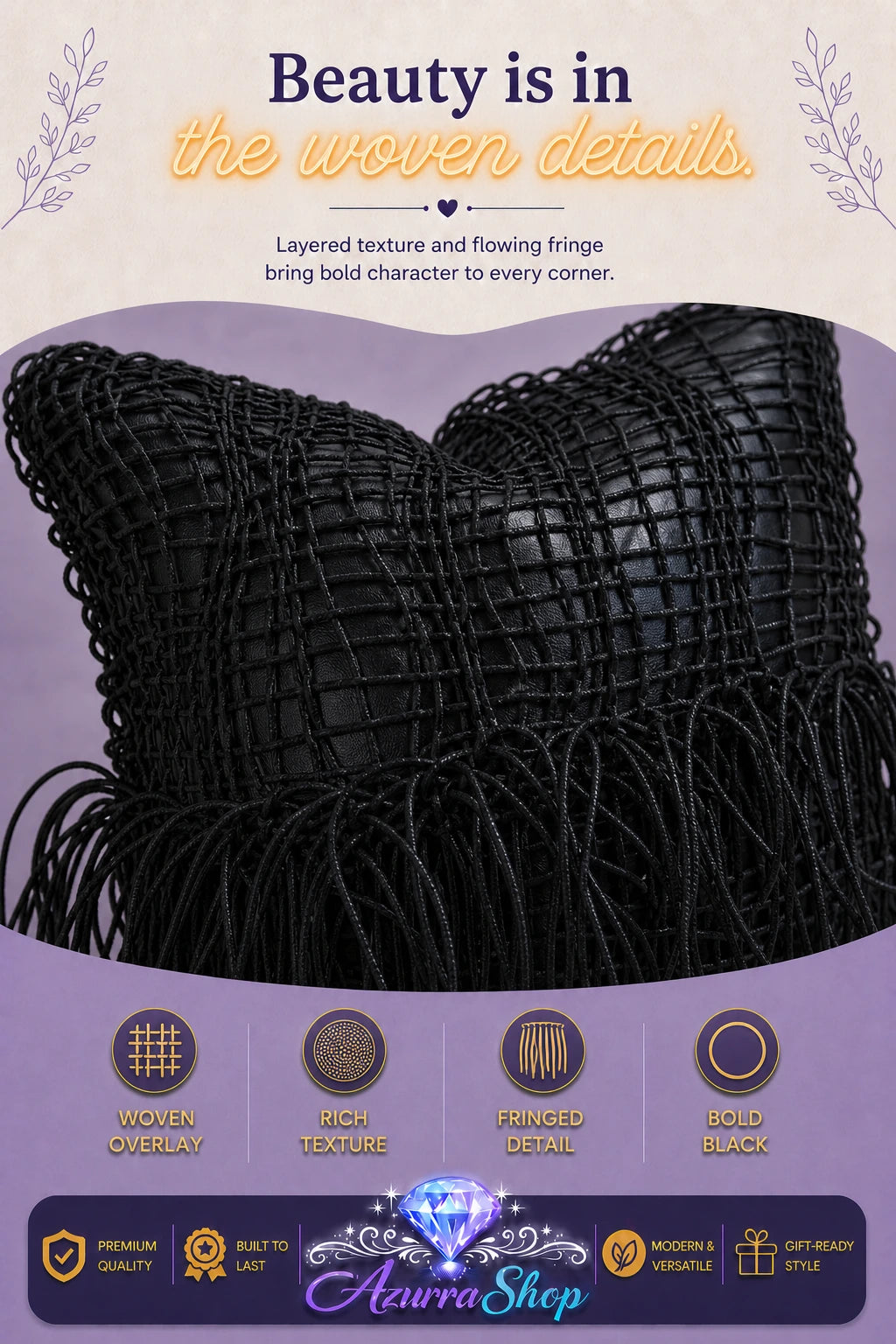 Close-up of a black throw pillow showing its woven texture and long fringe trim