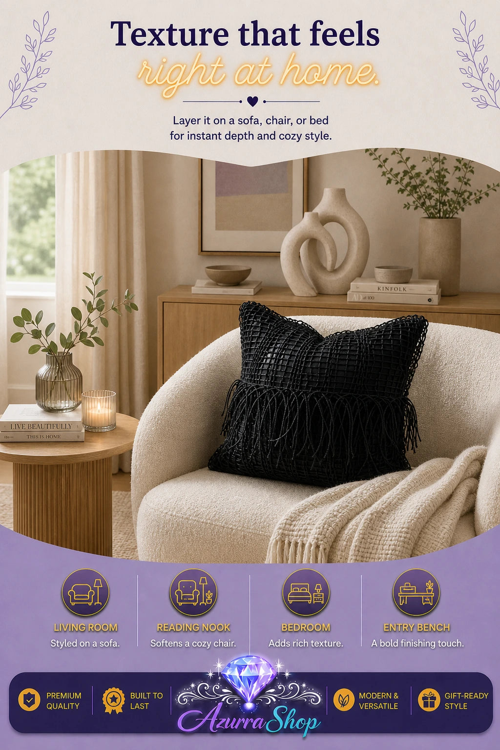 Black textured throw pillow with fringe trim on a cream armchair in a cozy living room