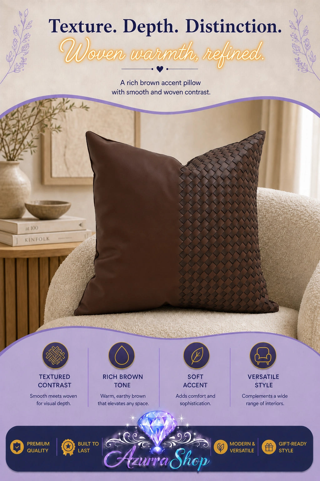 Cognac brown throw pillow with a split design, smooth fabric on one half and basketweave texture on the other, styled on a beige armchair; promotional text reads "Texture. Depth. Distinction."
