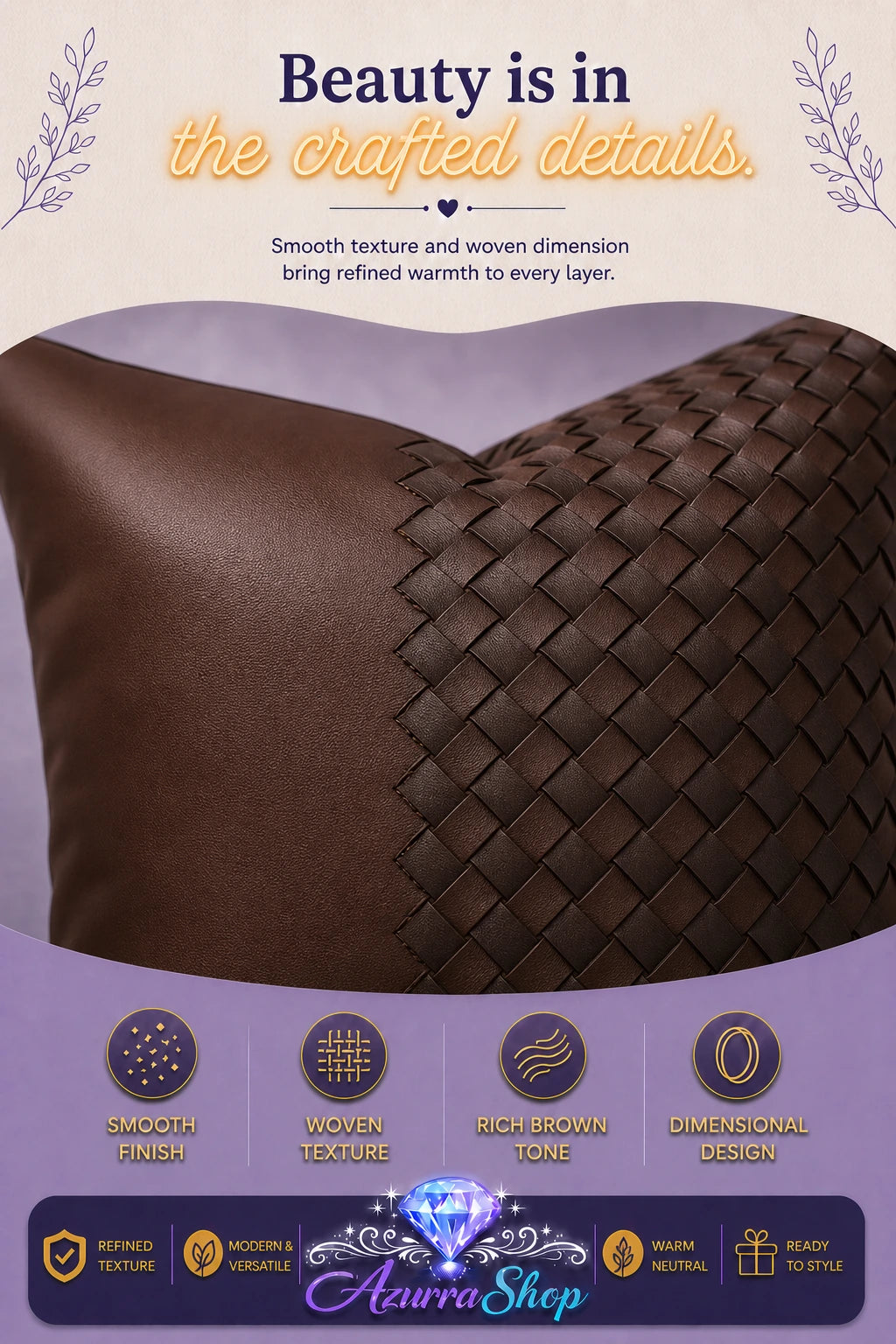 Close-up of a cognac brown pillow showing its split design: smooth leather-like fabric meeting a woven basketweave texture; promotional text reads "Beauty is in the crafted details."