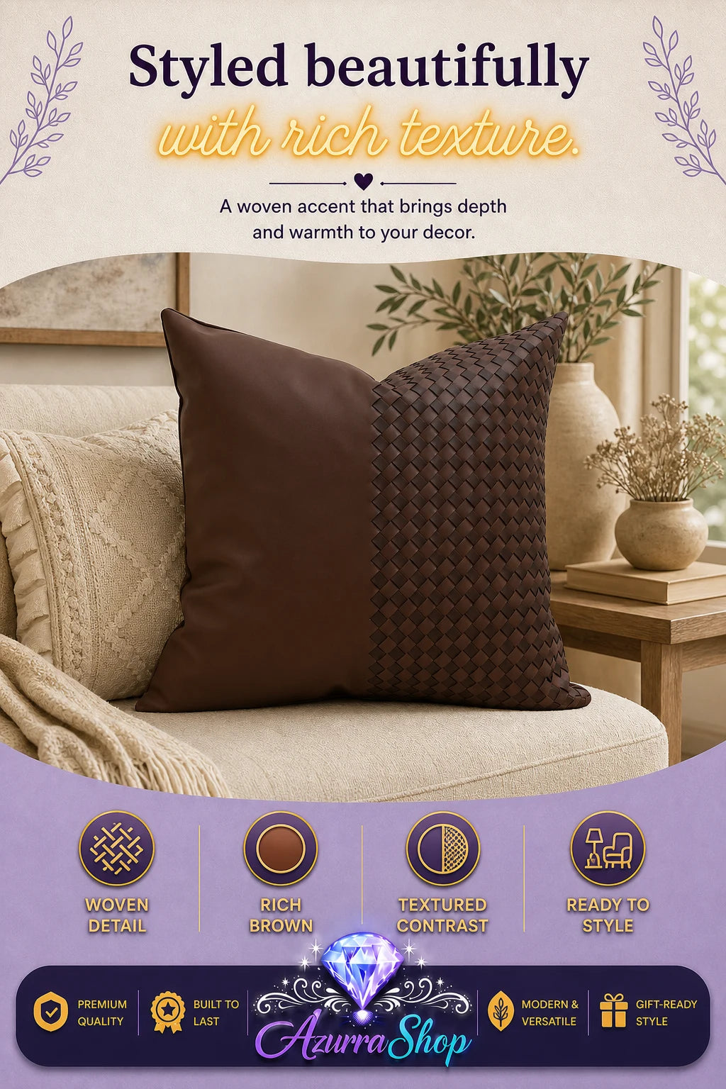 Cognac brown split-design throw pillow styled on a beige knit sofa with a vase in the background; promotional text reads "Styled beautifully with rich texture."