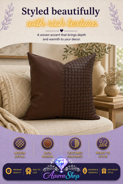 Cognac brown split-design throw pillow styled on a beige knit sofa with a vase in the background; promotional text reads "Styled beautifully with rich texture."