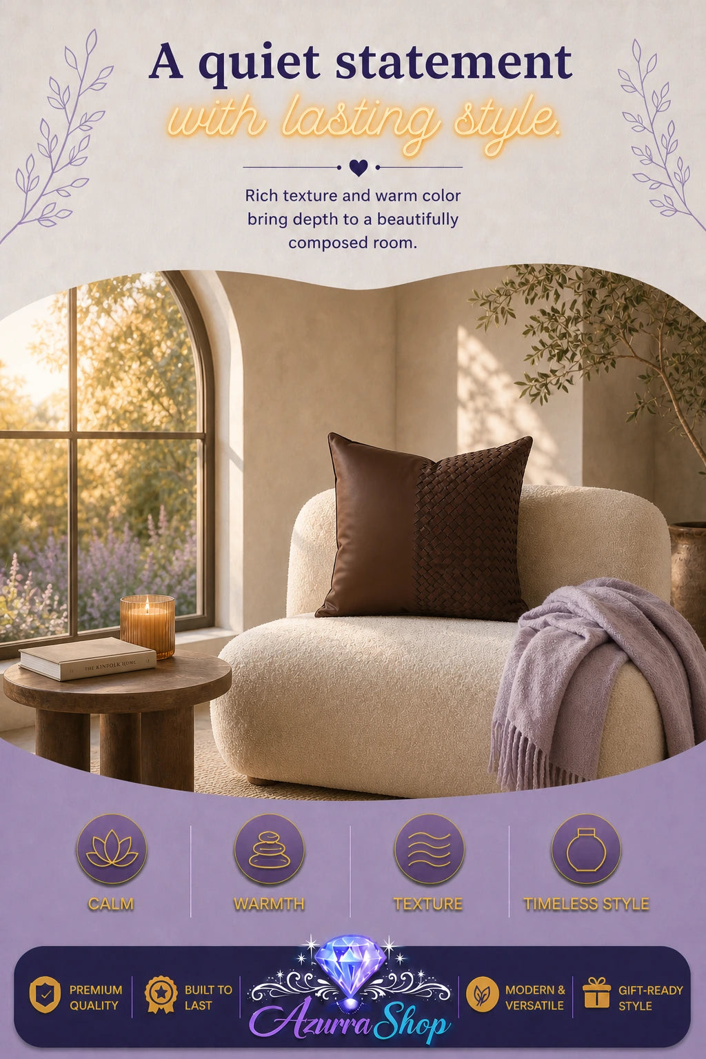 Cognac brown split-design throw pillow on a cream armchair in a sunlit room with a lavender throw blanket; promotional text reads "A quiet statement with lasting style."