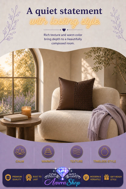 Cognac brown split-design throw pillow on a cream armchair in a sunlit room with a lavender throw blanket; promotional text reads "A quiet statement with lasting style."